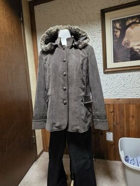 Calvin Klein Women's Gray Hooded Jacket with Faux Fur Trim